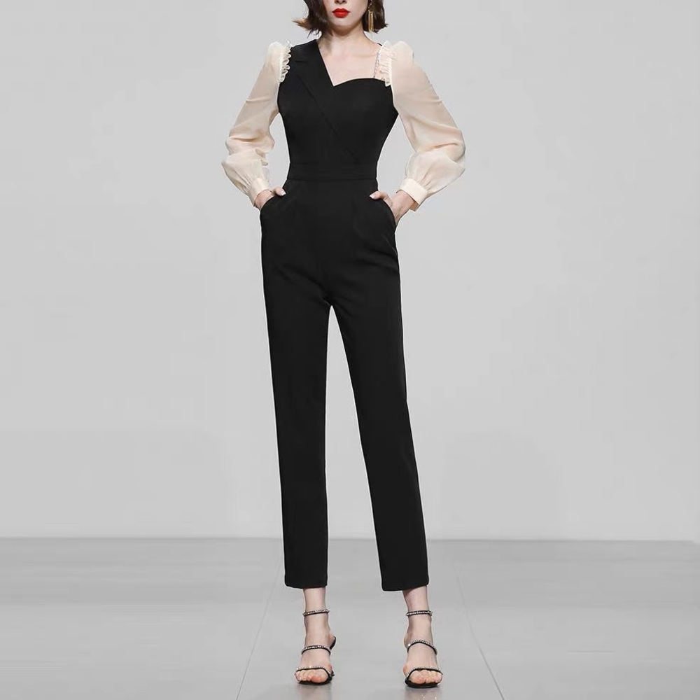 New lantern sleeves black jumpsuit jumpsuit nine-point pants